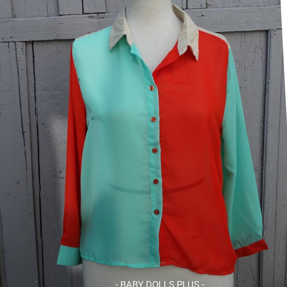1x-3x Plus Size Semi Sheer Colorblocked Blouse